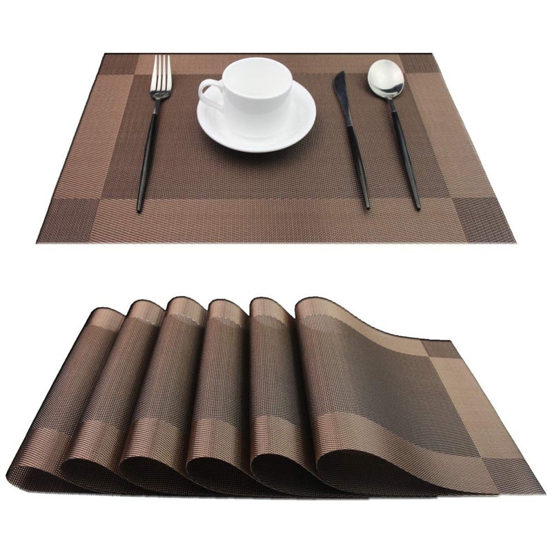 PIGCHCY Place Mats Heat-Resistant Non Slip Placemats Easy Wipe Clean Table Mats Woven Vinyl Placemats for Dining Table(Set of 6, Brown) - Image 1